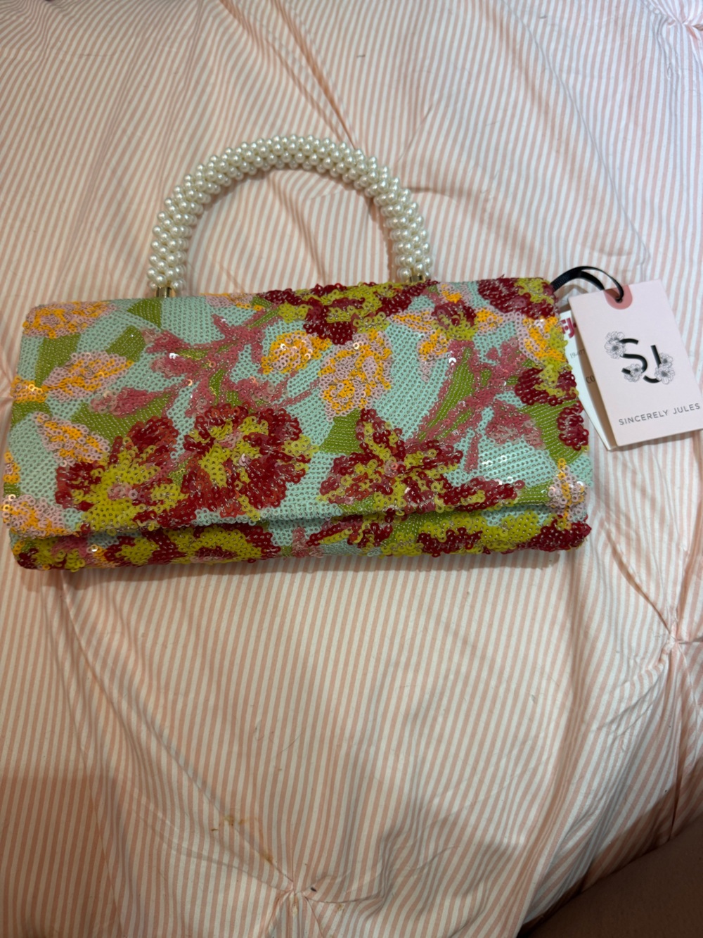 Sequin Floral Pearl-Handle Clutch